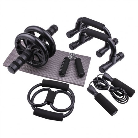 Fitness Set With AB Roller Push Up Stand Jump Rope And Resistance Band